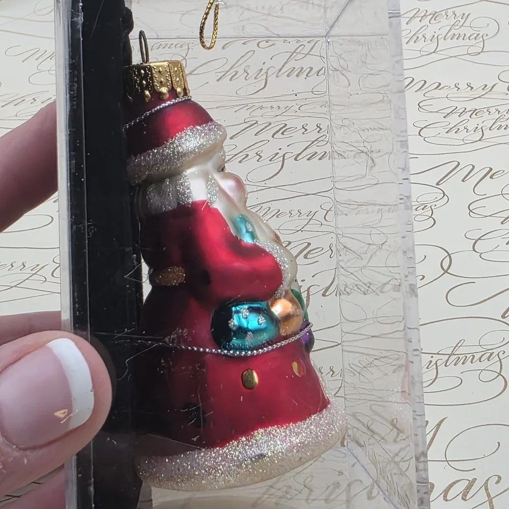3 Unique Treasures Santa Ornaments Blown Glass Gifts Sleigh Toys Vintage NIB NOS